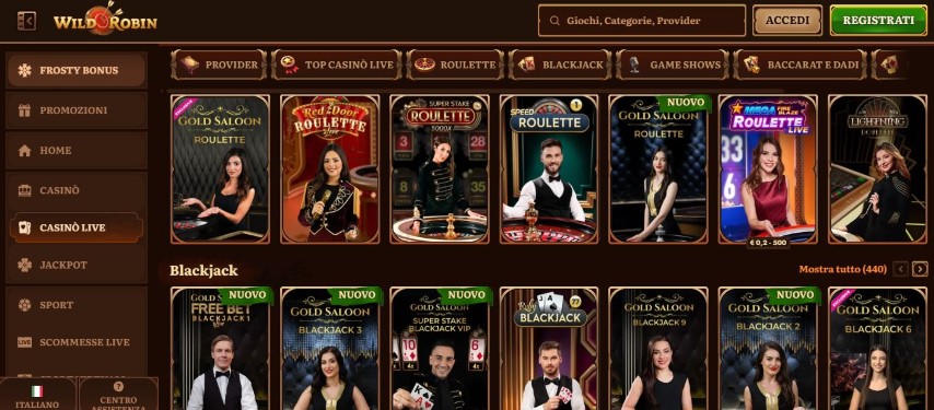 Unisciti ai tavoli live roulette e blackjack WildRobin