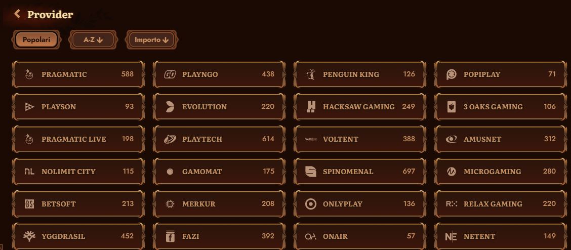 Cerca giochi tra oltre venti provider popolari